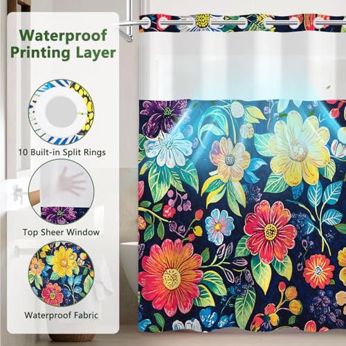 No Hook Shower Curtain with Snap in Liner, Boho Colorful Floral Shower Curtain with Mesh Top Window and Weighted Hem, 71x74 Inches Bohemian Waterproof Fabric Shower Curtain and Removable Liner Set - color: Gorgeous Daisies