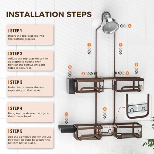 REINHARDT Split Shower Caddy Hanging for Handheld Showerheads, Bronze | Adjustable Shower Organizer, Rustproof, 16 Hooks, Soap Holder, 40lbs Capacity, Anti-Slip, Tool-Free, Bathroom Accessories - color: Bronze