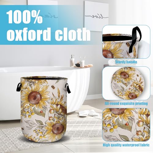 Fall Sunflowers Laundry Basket, Ladybird Honeybee Laundry Hamper Collapsible Oxford Cloth with Handle Clothes Storage Bin for Bathroom Laundry Room Bedroom 15.7 X 20 Inch - color: Fall Sunflowers Ladybird Honeybee