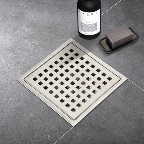6 Inch Square Shower Drain with Removable Square Grille, Brushed 304 Stainless Steel, PVC Shower Drain Base, Includes Hair Strainer for Kitchen, Bathroom, Garage - color: 6-inch Brushed Nickel