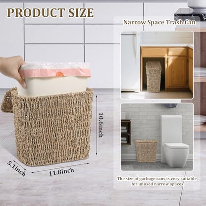 Wicker Waste Basket with Lid and Liner, Woven Seagrass Trash Can, Bathroom Trash Can, Boho Garbage Wastebasket for Bedroom Home Living Room Office Kitchen, 2.5 Gallon - color: Seagrass