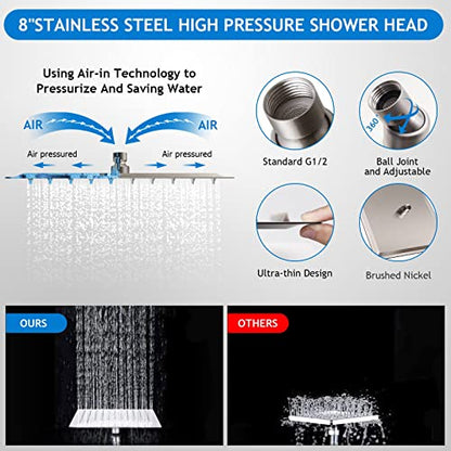 Shower Head Combo(Brushed Nickel),8 Inch High Pressure Rain Shower Head with 11 Inch Adjustable Extension Arm and 5 Settings Handheld Shower Head Combo,Powerful Shower Spray Against Low Pressure Water - color: Brushed Nickel, size: 8" Showerhead Set
