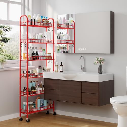 Slim Rolling Storage Cart 6 Tier, Metal Kitchen Rolling Utility Cart with Lockable Wheels for Kitchen, Bathroom, Office, Laundry Room, Small Narrow Spaces (Red 6 Inches) - size: Red 6 Inches