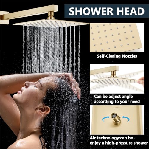 Aolemi Shower Faucet Set with Handheld Brushed Gold 10 Inch Head | Pressure Balance Shower Valve and Trim Kit,SUS304 Rain Head and Handle System,All Metal,Wall Mount,Bathroom,Handheld Spray - color: Gold, size: 10 Inch Wall Mount Shower Head