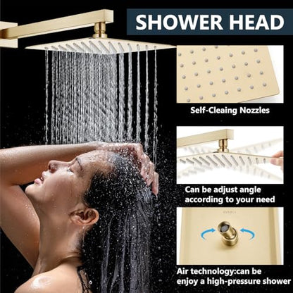Aolemi Shower Faucet Set with Handheld Brushed Gold 10 Inch Head | Pressure Balance Shower Valve and Trim Kit,SUS304 Rain Head and Handle System,All Metal,Wall Mount,Bathroom,Handheld Spray - color: Gold, size: 10 Inch Wall Mount Shower Head