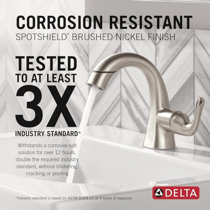 Delta Arvo 1 Hole Pull Down Bathroom Faucet with Sprayer, Brushed Nickel Single Hole Bathroom Sink Faucet with Pull Out Sprayer for Vanity, Push-Pop Drain, SpotShield Stainless 15840LF-SPPD - color: SpotShield Brushed Nickel