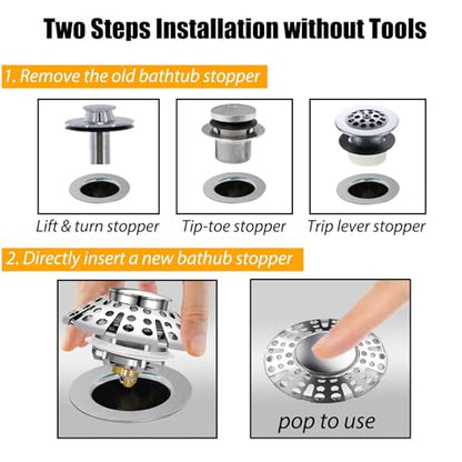 Anlige Bathtub Drain Stopper, Pop Up Tub Stopper with Hair Catcher, Bathtub Plug and Cover with Strainer, Universal for 1.5 to 1.8in Tub Drain - style: Tub Stopper Top Hair Catcher