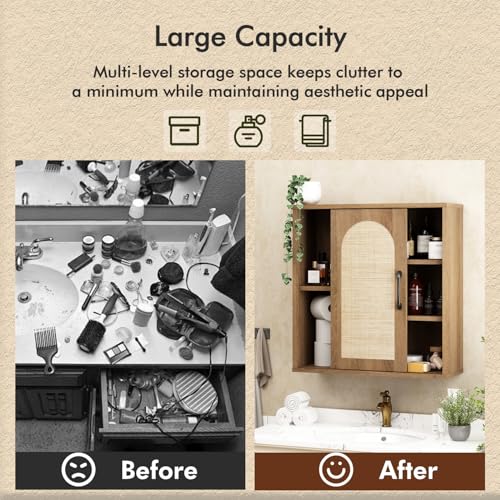 RUSTOWN Boho Rattan Bathroom Wall Cabinet with Sliding Door, Rustic Oak | Farmhouse Bathroom Cabinet, Adjustable Shelves, Over The Toilet Storage Cabinet, 3-Tier Wall Mounted Cabinets - color: Natural Oak