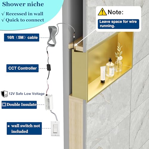 36"x12" Gold LED Shower Niche,3 CCT Dimmable Light, No Tile Needed | 304 Stainless Steel Bathroom Niche w/ Light(3000K/4000K/6000K), IP66 Waterproof, Space Saving & Durable ,LED Driver Included - color: Brass Gold, size: 36X12In