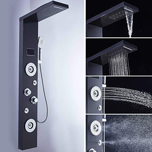 ELLO&ALLO LED Rainfall Waterfall Shower Head Rain Massage System with Body Jets Stainless Steel Bathroom Shower Panel Tower System, Brushed Black
