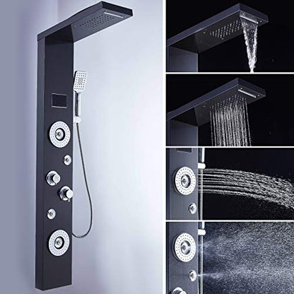 ELLO&ALLO LED Rainfall Waterfall Shower Head Rain Massage System with Body Jets Stainless Steel Bathroom Shower Panel Tower System, Brushed Black