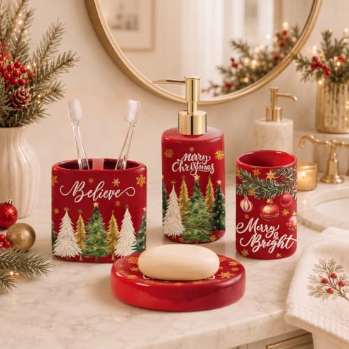4 Pcs Christmas Ceramic Bathroom Accessories Gifts Xmas Tree Bath Tumbler Soap Dispenser Toothbrush Holder Soap Tray Merry Xmas Bathroom Decorations(Red Merry Christmas) - style: Red Merry Christmas