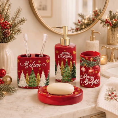 4 Pcs Christmas Ceramic Bathroom Accessories Gifts Xmas Tree Bath Tumbler Soap Dispenser Toothbrush Holder Soap Tray Merry Xmas Bathroom Decorations(Red Merry Christmas) - style: Red Merry Christmas