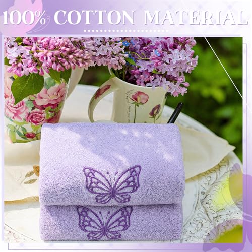 SmoothNovelty 2 Pcs Butterfly Hand Towels Light Purple Bathroom Decor 14x29 Inch Embroidered 100% Cotton Soft Absorbent Spring Summer Washcloths Decorative Hand Towels for Bathroom Kitchen - style: Butterfly