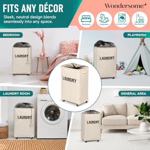 Wondersome Laundry Hamper with Wheels - Farmhouse Cream - 90-Liter Extra Large Collapsible Rolling Clothes Cart - Heavy Duty Locking Metal Wheel Tall Rectangular Canvas Storage Basket - US-Based Brand
