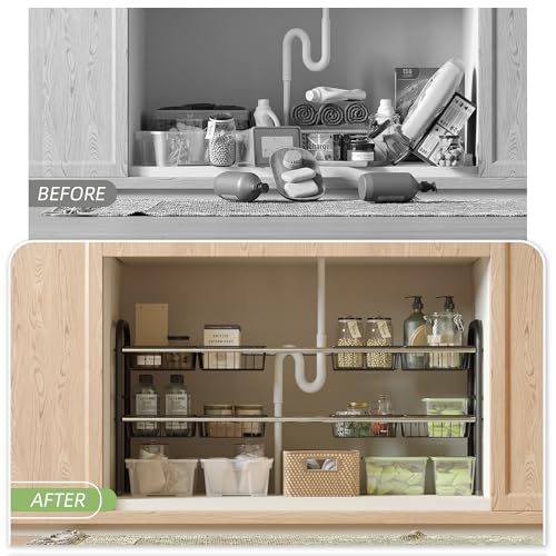 Under Sink Organizers and Storage,Expandable under cabinet organizer Shelf | 2 tier expandable shelf for kitchen and bathroom,8 Baskets,Adjustable partition height,20.7-32.3" W - size: 8 Metal Baskets