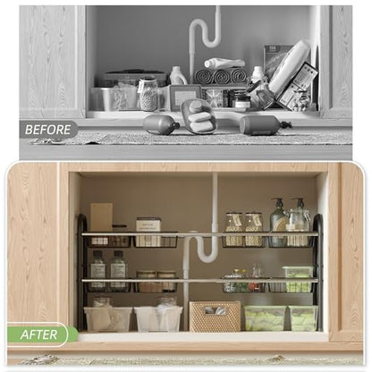 Under Sink Organizers and Storage,Expandable under cabinet organizer Shelf | 2 tier expandable shelf for kitchen and bathroom,8 Baskets,Adjustable partition height,20.7-32.3" W - size: 8 Metal Baskets
