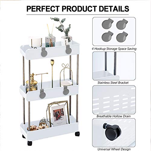 3-Tier Slim Mobile Shelving Unit on Wheels, Slide Out Rolling Bathroom Storage Organizer, Utility Carts Shelf Rack for Kitchen Bathroom Laundry Room Narrow Places, White - color: White - 3 Tier
