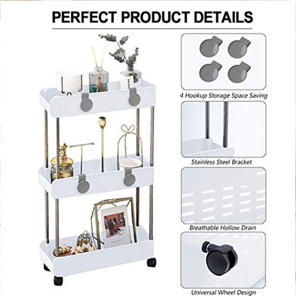3-Tier Slim Mobile Shelving Unit on Wheels, Slide Out Rolling Bathroom Storage Organizer, Utility Carts Shelf Rack for Kitchen Bathroom Laundry Room Narrow Places, White - color: White - 3 Tier