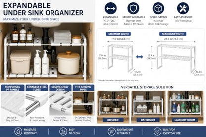 Expandable Under Sink Organizer, 2-Tier, White | Adjustable Cabinet Shelf, PP and Stainless Steel
