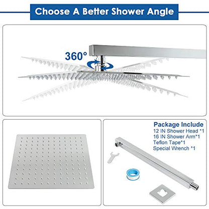 Shower Head with Extension Arm, High Pressure Square with ShowerArm, Stainless Steel Rainfall -Waterfall Full Body Coverage (12'' Shower with 16'' Arm, Chrome) - color: Chrome, size: 12'' Shower with 16'' Arm