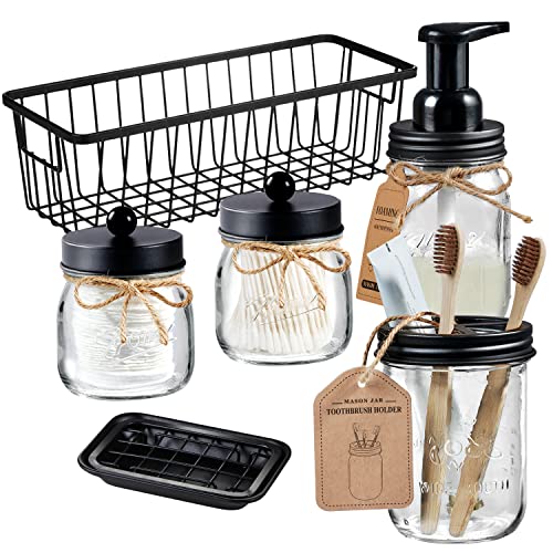 SheeChung Glass Mason Jar Bathroom Accessories Set, 6Pcs Farmhouse Decor | Black Counter Sink Set, Foaming Soap Dispenser, Toothbrush Holder, Qtip Holder, Soap Dish, Wire Basket, Stainless Steel - color: Black