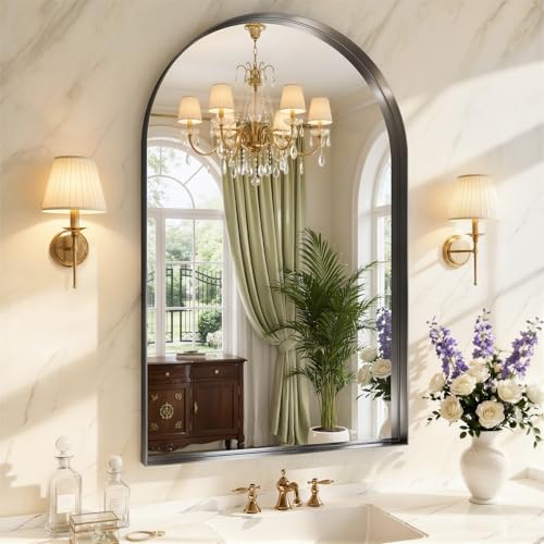 Arched Bathroom Mirror, 30"x48" Black Frame Mirror for Wall Mounted, Arch Bathroom Vanity Mirror with HD Tempered Glass for Bedroom, Living Room, Entry Way, Vanity, Restroom - color: Black-square Corner, size: 48"L x 30"W