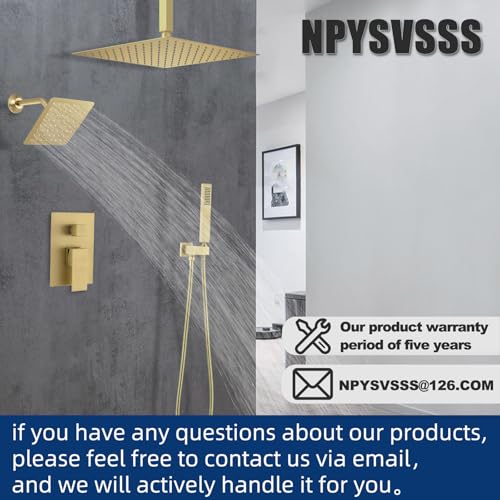 Shower System Dual Shower Heads with 12" Ceiling Mounted Rain Shower Head & 6" Wall Mounted Head Full Body Luxury Rain Shower System 3 Way Pressure Balance Valve Kit, Brushed Gold - color: Brushed Gold, style: 12inch+6inch