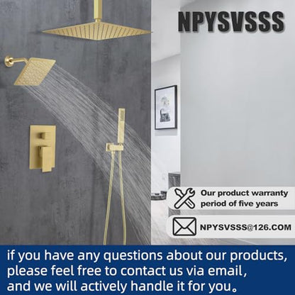 Shower System Dual Shower Heads with 12" Ceiling Mounted Rain Shower Head & 6" Wall Mounted Head Full Body Luxury Rain Shower System 3 Way Pressure Balance Valve Kit, Brushed Gold - color: Brushed Gold, style: 12inch+6inch