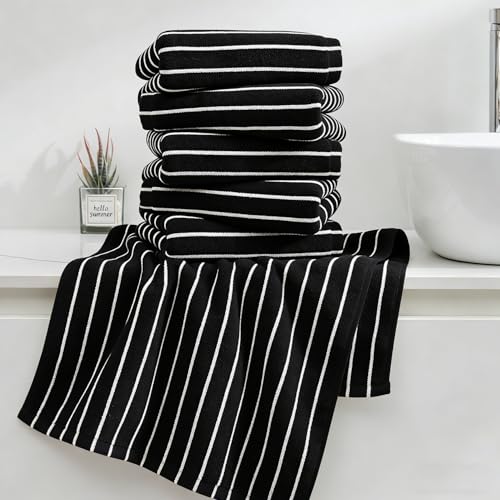 Black and White Hand Towels Bathroom Cotton Striped Towels, 13 x 29 Inches, Lightweight Quick-Dry Absorbent, 6 Piece Set - color: Black