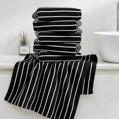 Black and White Hand Towels Bathroom Cotton Striped Towels, 13 x 29 Inches, Lightweight Quick-Dry Absorbent, 6 Piece Set - color: Black