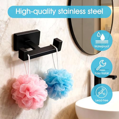 Double Towel Hook, Wall Mount, Matte Black | 304 Stainless Steel, Rust-Resistant, 2-Prong, 2.76" Hook Depth, for Bathroom/Kitchen/Pool, Rectangular Grip Prevents Slipping