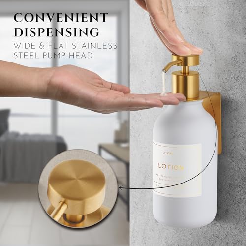 Shower Shampoo Dispenser Wall Mounted – Refillable 16.9 oz White Bottle with Stainless Steel Pump & No-Drill Adhesive Holder – Soap Dispenser for Bathroom (1 X White/Gold) - color: 1 X White/Gold