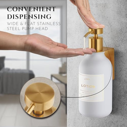 Shower Shampoo Dispenser Wall Mounted – Refillable 16.9 oz White Bottle with Stainless Steel Pump & No-Drill Adhesive Holder – Soap Dispenser for Bathroom (1 X White/Gold) - color: 1 X White/Gold