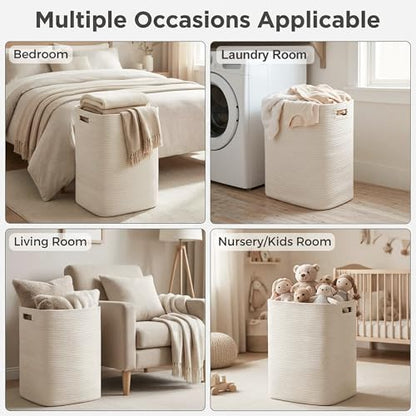 Large Laundry Hamper 16"x13"x22" - Tall Woven Laundry Basket, Cotton Rope Dirty Clothes Hamper, Baby Kids Nursery Wicker Laundry Basket, Bedroom Aesthetic, Soft Laundry Bin, White Hamper, 75L - color: White