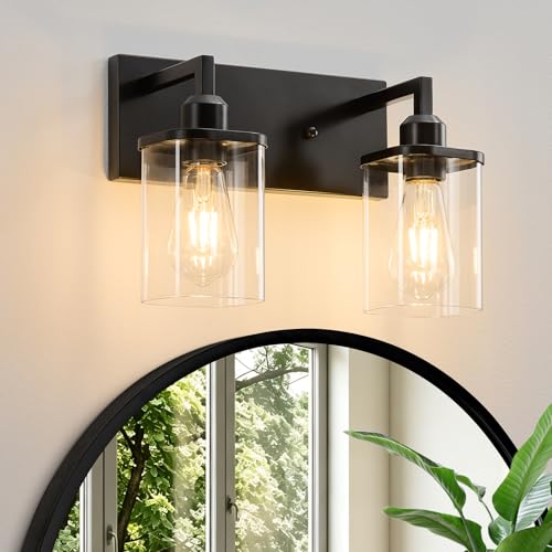 2-Light Bathroom Light Fixtures, Black Vanity Lights for Bathroom with Clear Glass Shade, Bathroom Lights Over Mirror, Modern Bath Wall Mounted Lamp for Living Room, Bedroom, Porch - color: Black-Square Shade, size: 2-Light