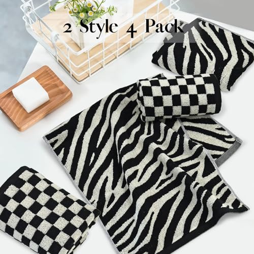 Jacquotha Bathroom Hand Towels 2 Style 4 Pack - Black Hand Towel | Checkered and Zebra, Cotton