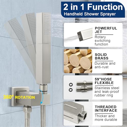 Dual Shower Heads System 16"x32" Ceiling Mount Rainfall and 6" Wall Mounted Shower Heads with 6 body Jets Thermostatic Shower Valve Full Body Shower System,Brushed Nickel - color: Brushed Nickel