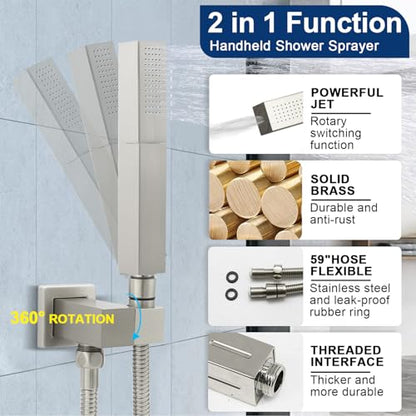 Dual Shower Heads System 16"x32" Ceiling Mount Rainfall and 6" Wall Mounted Shower Heads with 6 body Jets Thermostatic Shower Valve Full Body Shower System,Brushed Nickel - color: Brushed Nickel