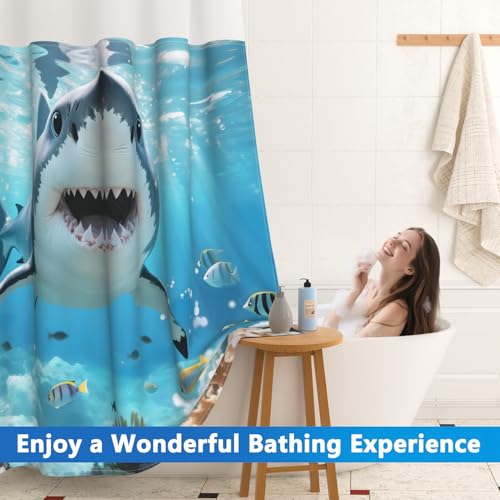Ocean No Hook Shower Curtain with Snap in Liner Set, Shark Shower Curtain with Mesh Top Window and Weighted Hem, 71x74in Hotel Style Summer Double-layer Waterproof Fabric Shower Curtain for Bathroom - color: Shark