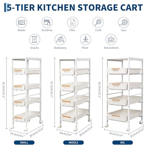 Garvee 5-Tier Slim Rolling Storage Cart, 9.5" Wooden Top Narrow Kitchen Carts on Wheels with Pull-Out Baskets, Mobile Shelving Unit Organizer for Kitchen, Bathroom, Laundry Room, Small Spaces