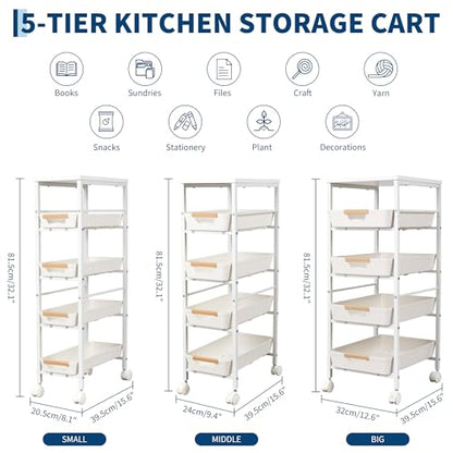Garvee 5-Tier Slim Rolling Storage Cart, 9.5" Wooden Top Narrow Kitchen Carts on Wheels with Pull-Out Baskets, Mobile Shelving Unit Organizer for Kitchen, Bathroom, Laundry Room, Small Spaces