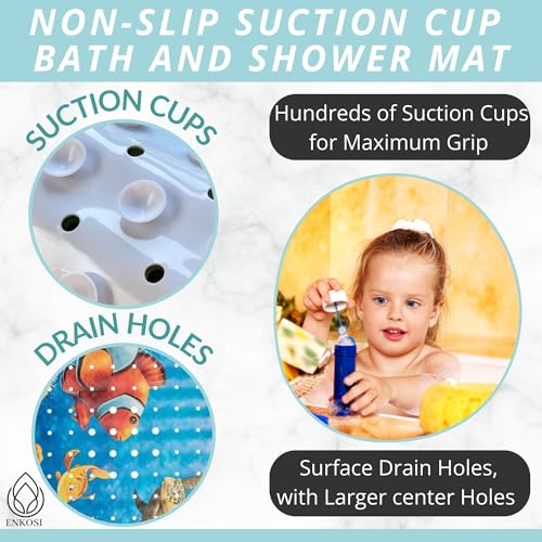 ENKOSI Non-Slip Bath & Shower Mat 40x16 Extra Long, Suction & Drain Holes | Fun clownfish print for kids; Durable PVC; 40x16 in, Clownfish - color: Clownfish Print