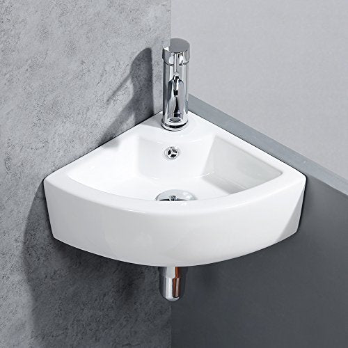 Wall Mount Triangle Corner Bathroom Sink with Faucet&Drain Kit 12.8x12.8in | Glossy stain-resistant ceramic; fast draining bowl; full mounting hardware; measure corner wall space before ordering - style: with Faucet&Drain Set