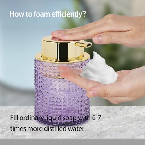 Foaming Soap Dispenser, Purple Glass Foam Soap Dispenser with Gold Pump, Refillable 10oz Lotion Liquid Container Pump Bottle for Bathroom Kitchen Countertop - color: Purple
