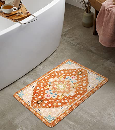Uphome Boho Tribal Bathroom Rugs Orange Cute Floral Bath Mat Non-Slip Machine Washable Small Rug Soft Oriental Bath Mats for Bathroom Decor for Sink Shower Doormat Tub, 18x25 inch - color: Orange, size: 18x25 inch