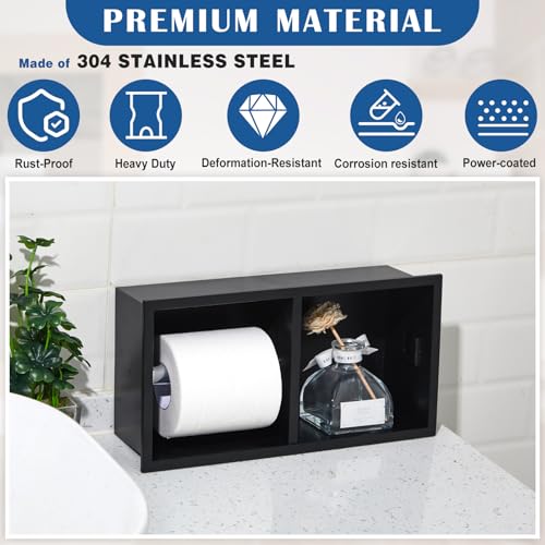 Recessed Dual Roll Toilet Paper Holder 304 Stainless Steel Hidden in-wall with Storage Durable Tissue Roll Holder Heavy Duty Space Saving Design for Modern Bathrooms and Remodel(Black) - color: Black