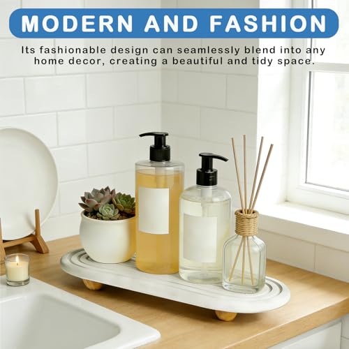 Instant Dry Sink Tray, Anti-Slip Stone Sink Caddy, Durable Kitchen Sink Organizer, Quick Dry Water Absorbing Stone Tray for Bathroom Counter, Stone Soap Tray - color: White Wooden Foot 4circles Large