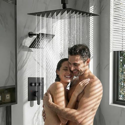 Shower Faucet Set, Wall Mount 12" Rain Shower System with Handheld and 6" Rainfall Shower Head, Can Use 2 Modes Together for Two People, 3 Way Shower Valve with 5 Diverter Complete, Matte Black - color: Matte Black, size: 6+12 inch-07