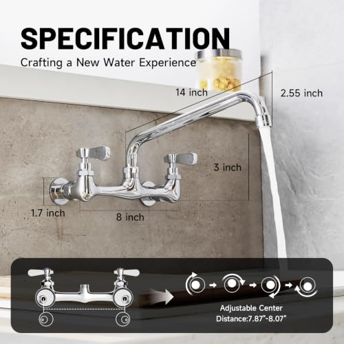 Wall Mount Kitchen Faucet 14" Gooseneck Swivel Spout, Chrome | Lead-Free Brass Body, Dual Handle Hot & Cold,8" Center,Commercial Sink Faucet for Laundry Restaurant Utility Sinks - size: 14 Inch